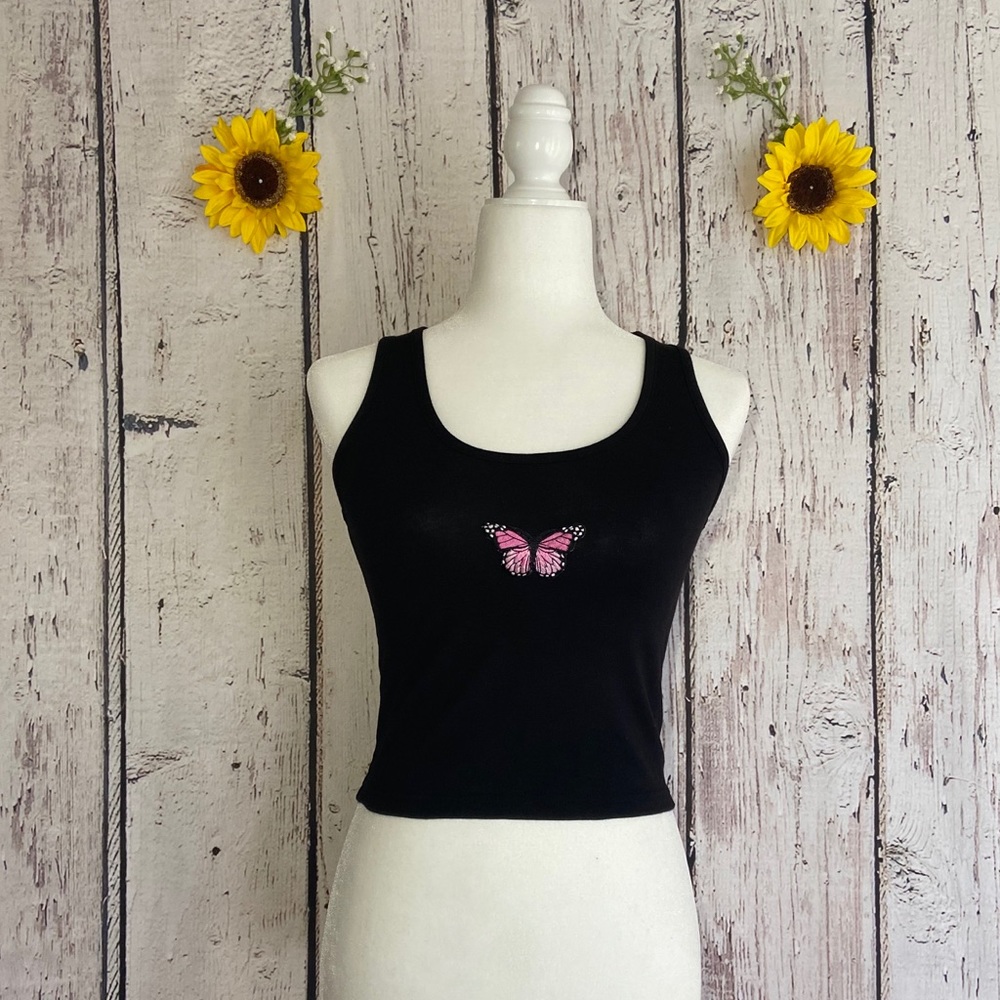 🆕 Black crop top with pink butterfly size S